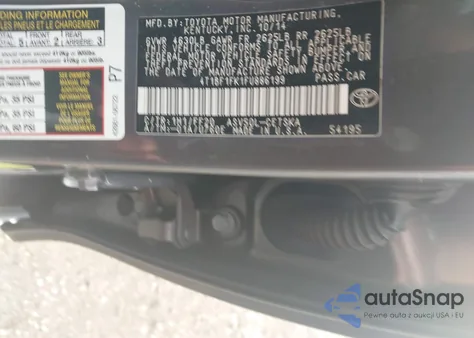 2015 Toyota Camry Se из США, поврежденный, VIN 4T1BF1FK1FU886199